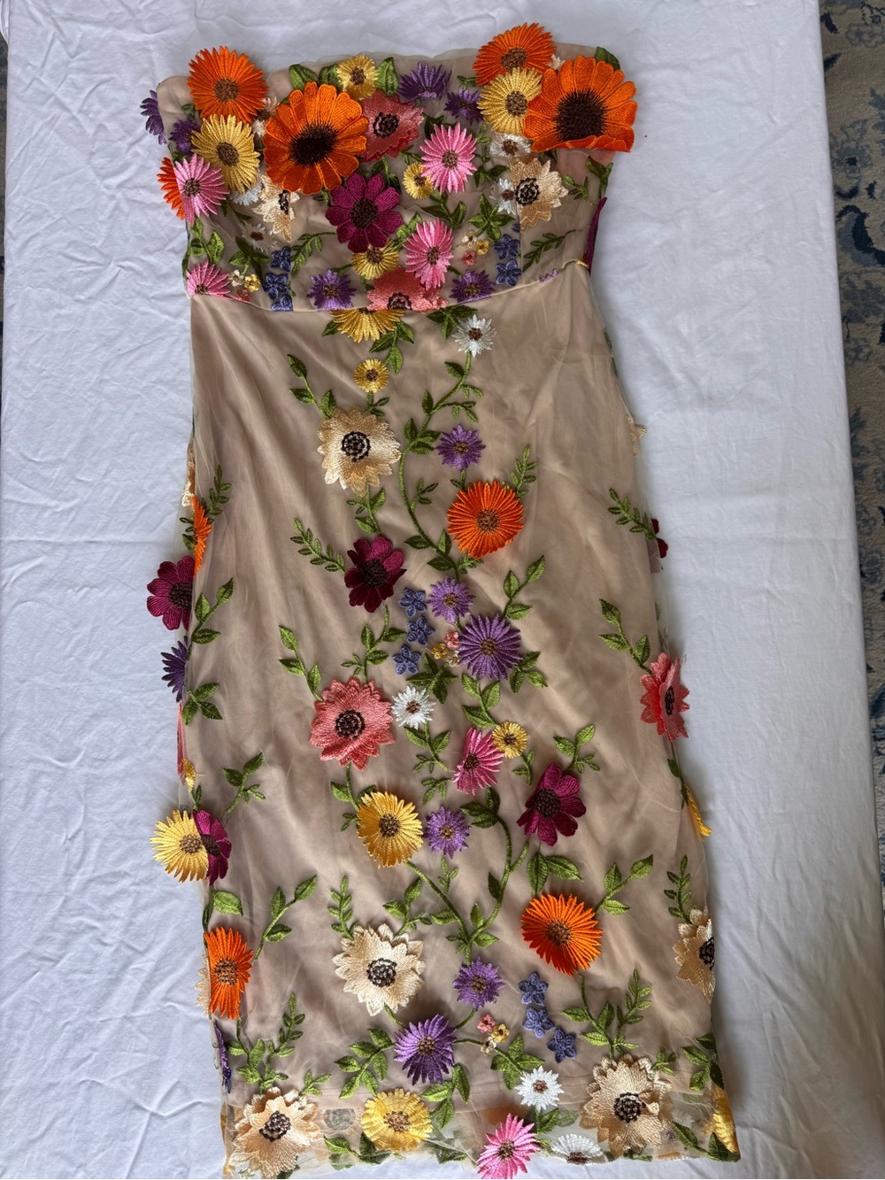 Vici Beige Strapless Dress with Multicolor Floral Embroidery